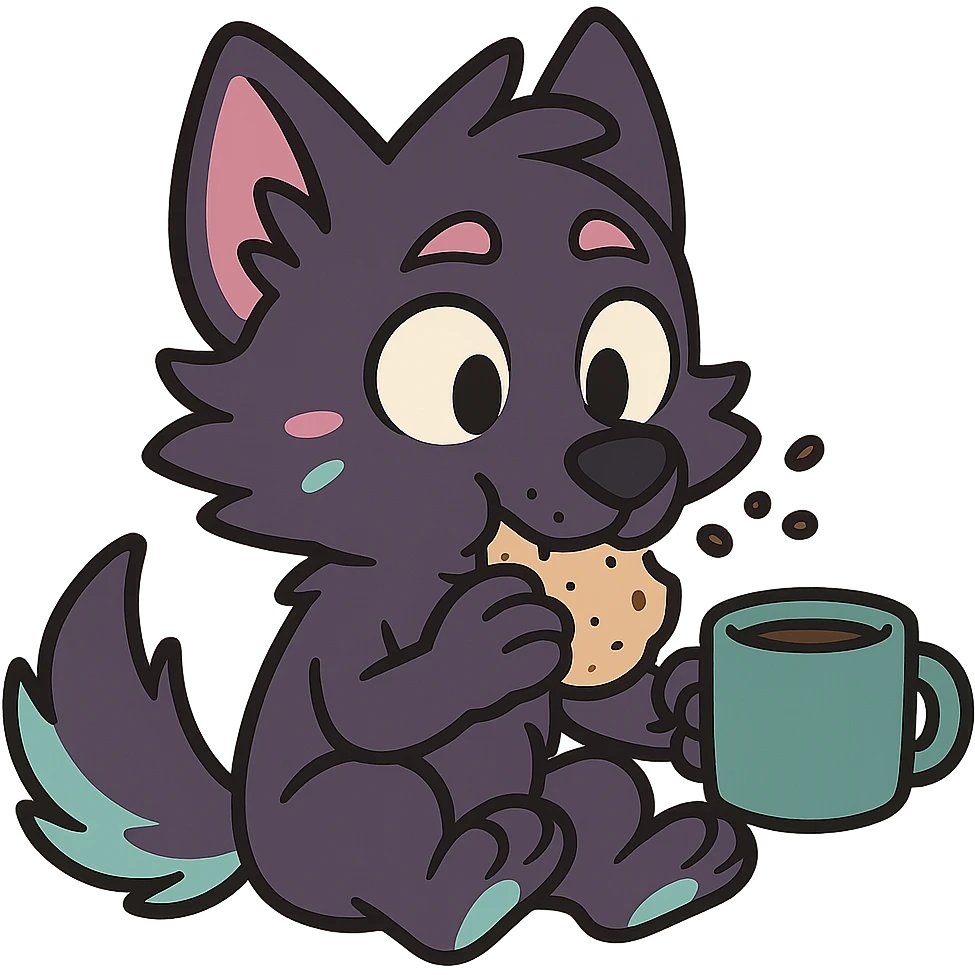 cute wolf pup with dark purple fur, neon mauve and neon teal highlights, munching food, drinking coffee from a mug, comic style emoji