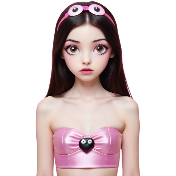 girl with white skin, dark brown long straight hair falling in front of her body, pouty shiny lips without cupid's bow, shiny large eyes with black eyeballs and long eyelashes, lighter button nose, very long oval-shaped face, wearing a pink bandeau top with straight neckline, looking directly at camera with hands down at sides emoji