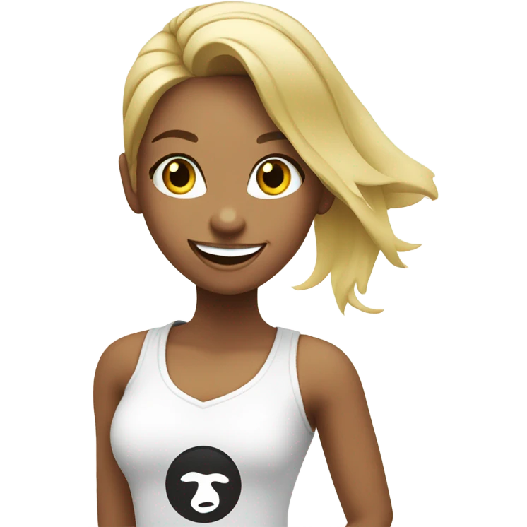 Blond girl smiling in with Zumba logo on white t-shirt emoji