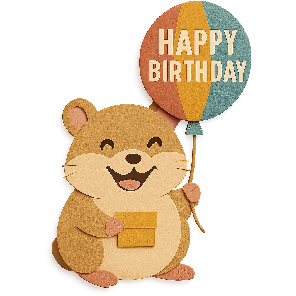 Make the hamster look happy, add a big smile and cheerful eyes, keep the colorful balloon with 'Happy Birthday' text emoji