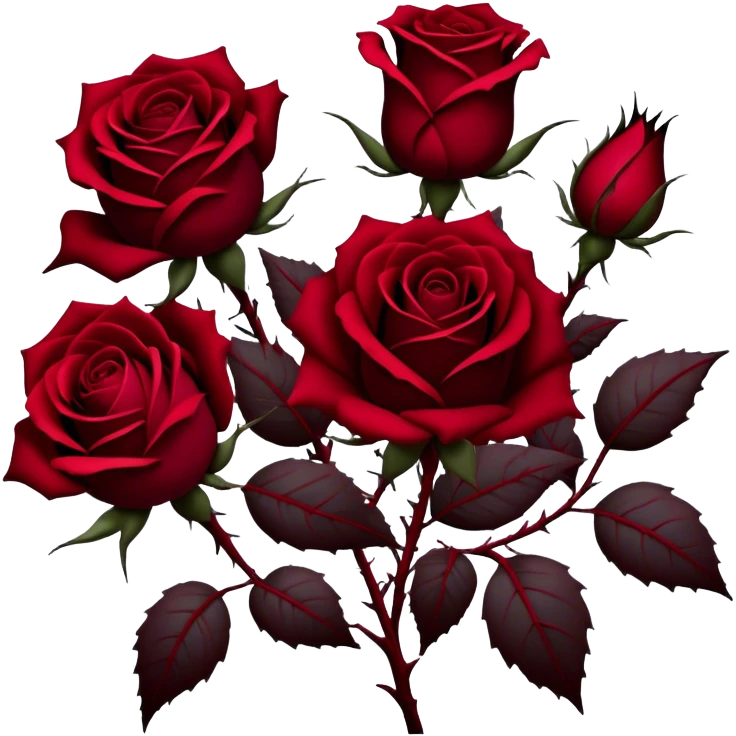 A hauntingly beautiful scene of deep red Gothic roses, their velvety petals unfolding in shades of ruby, burgundy, and scarlet. Dark thorns twist around them, emerging from the shadows like a forbidden love story. emoji