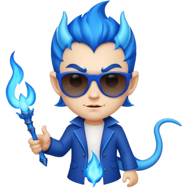 Cool devil with blue flame tail and shades, cute face, half body emoji