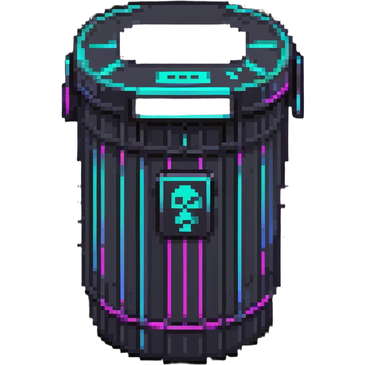 32x32 cyberpunk trash bin icon with futuristic neon elements, retro computer style emoji