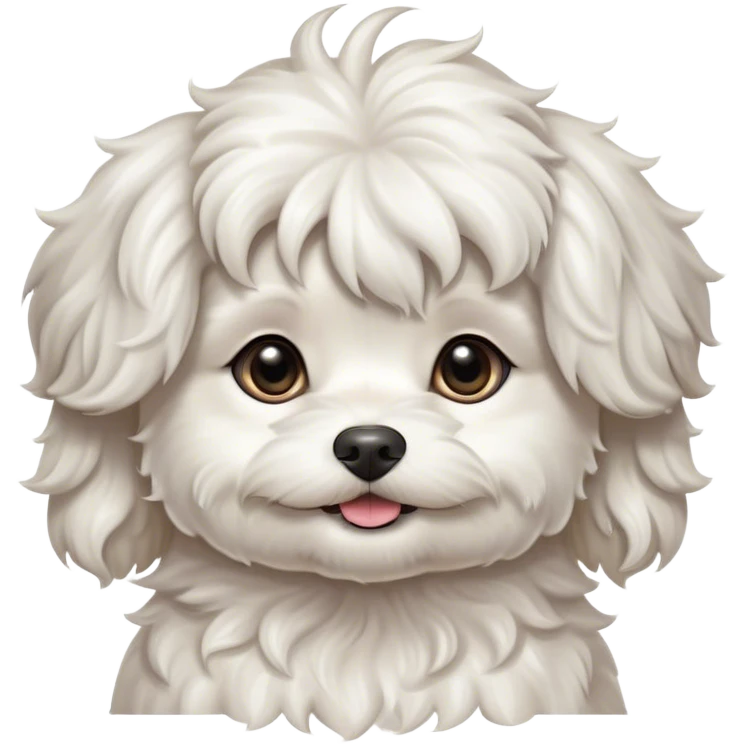 Cinematic Cute Wavy-Haired Maltese dog Portrait Emoji, Head tilted playfully and inquisitively, featuring a luxurious, wavy-haired white coat with a healthy sheen, round, sparkling dark eyes filled with curiosity, Simplified yet irresistibly adorable features, highly detailed, glowing with a warm, friendly glow, high shine, affectionate and lively, stylized with a touch of whimsy, bright and endearing, soft glowing outline, capturing the essence of a mischievous yet loving companion, so playful it feels like it could scamper out of the screen and into your arms! emoji