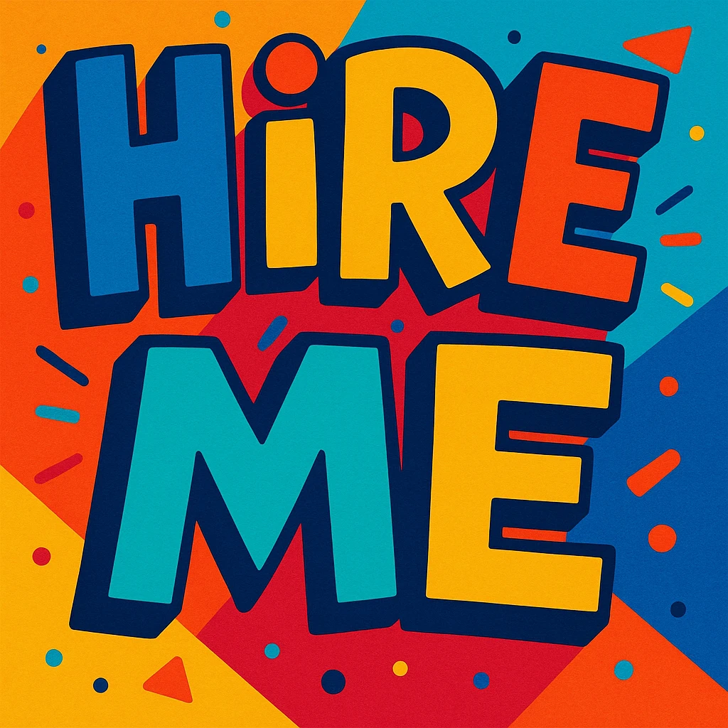 the words 'hire me' in a playful, colorful cartoon style, with dynamic lettering emoji