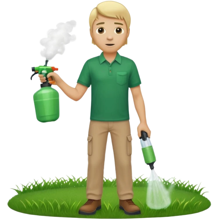 man blonde hair and no hat with a emerald green shirt and tan pants on carrying chemical sprayer and pointing it downwards to spray at bright green grass emoji