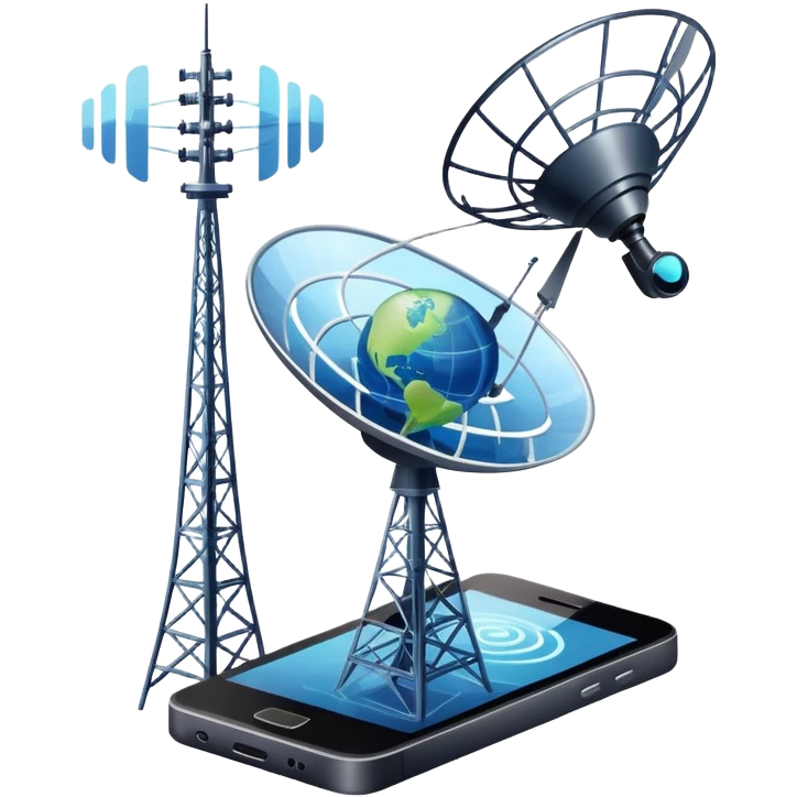 An icon featuring a satellite dish, a cell tower emitting signals, and a smartphone displaying a chat interface. The design includes fiber-optic cables and data waves, symbolizing global communication, connectivity, and information exchange. Transparent background. emoji