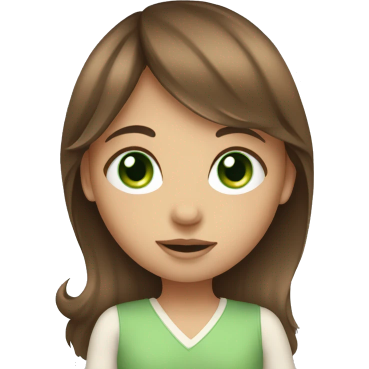 girl with long brown hair with bangs and green eyes holding baby emoji