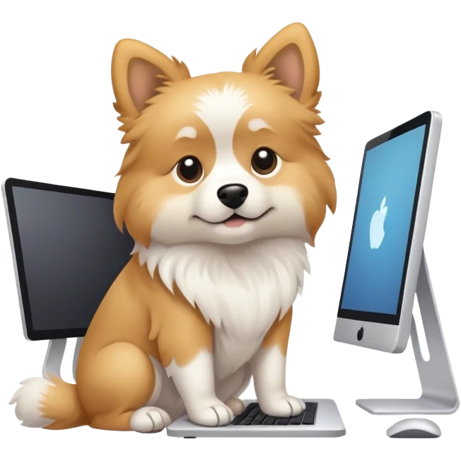 light-colored dog sitting at a computer creating a design emoji