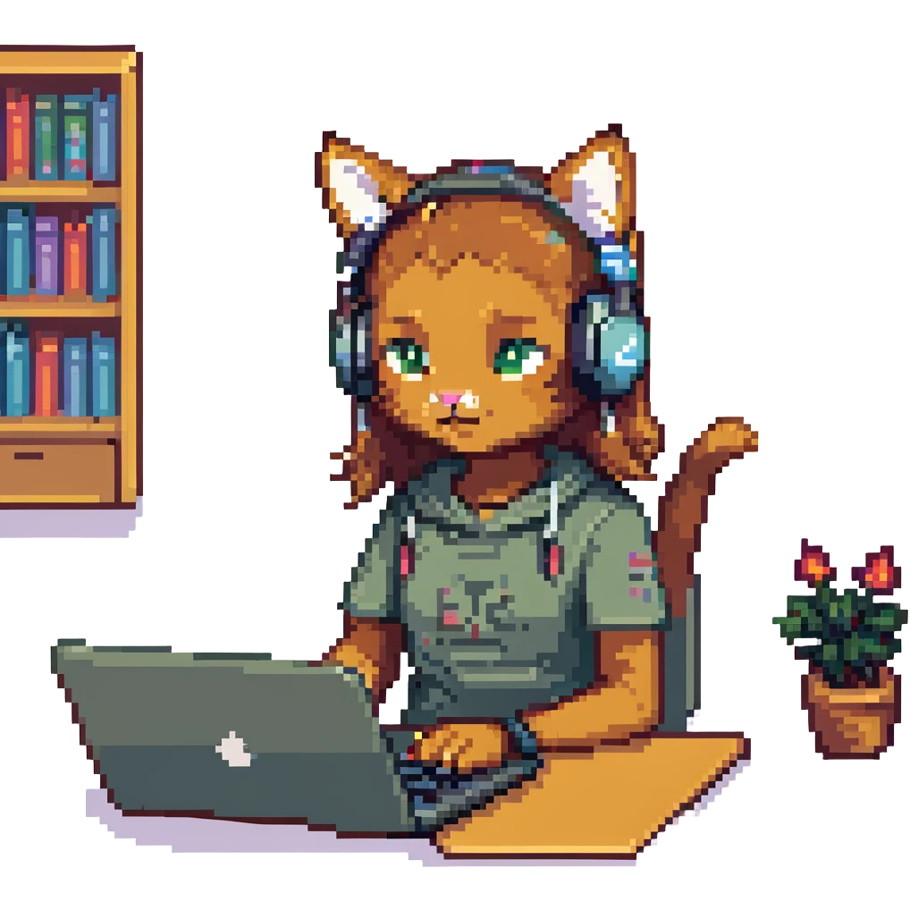 girl with light brown skin and cat headphones, working on a laptop pixel art emoji