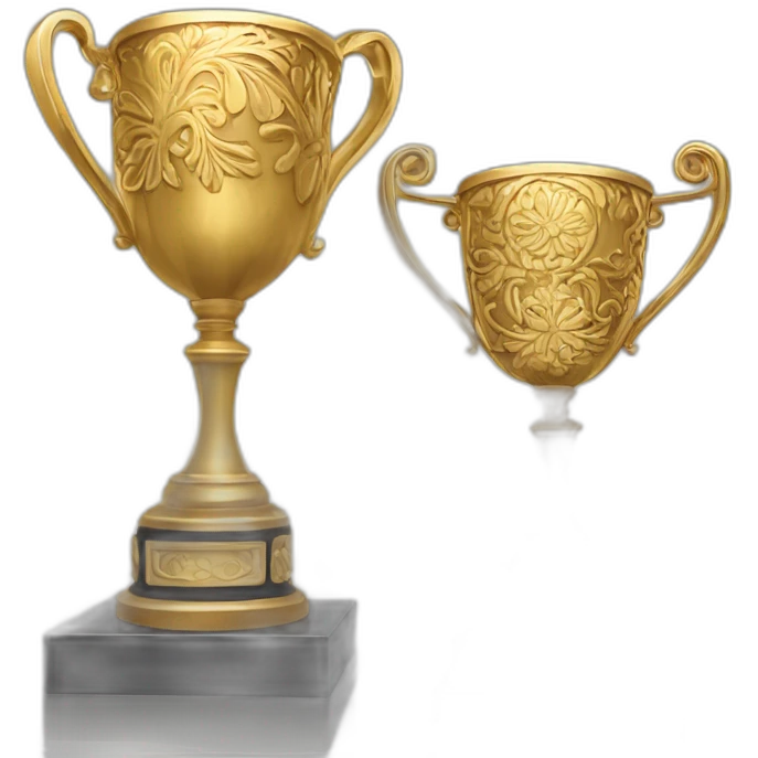 Create a golden trophy shining brilliantly, adorned with intricate designs, set on a pedestal at a prestigious award ceremony, symbolizing achievement and recognition. emoji