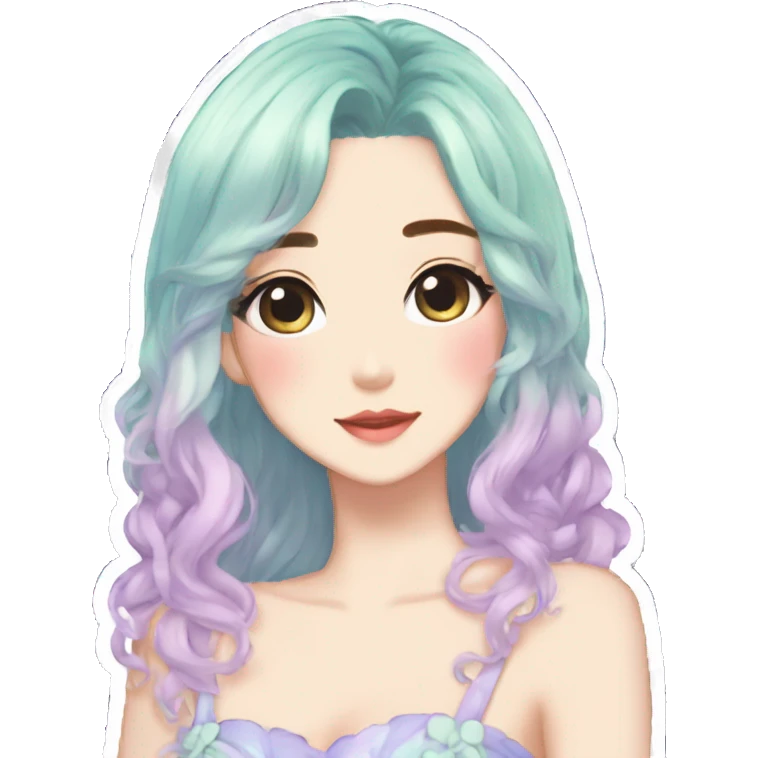 gorgeous pretty attractive anime lady beautiful pastel-gradient hair with a gorgeous dress fairycore cottagecore pastelcore detailed high quality trending VOGUE aesthetic sticker emoji