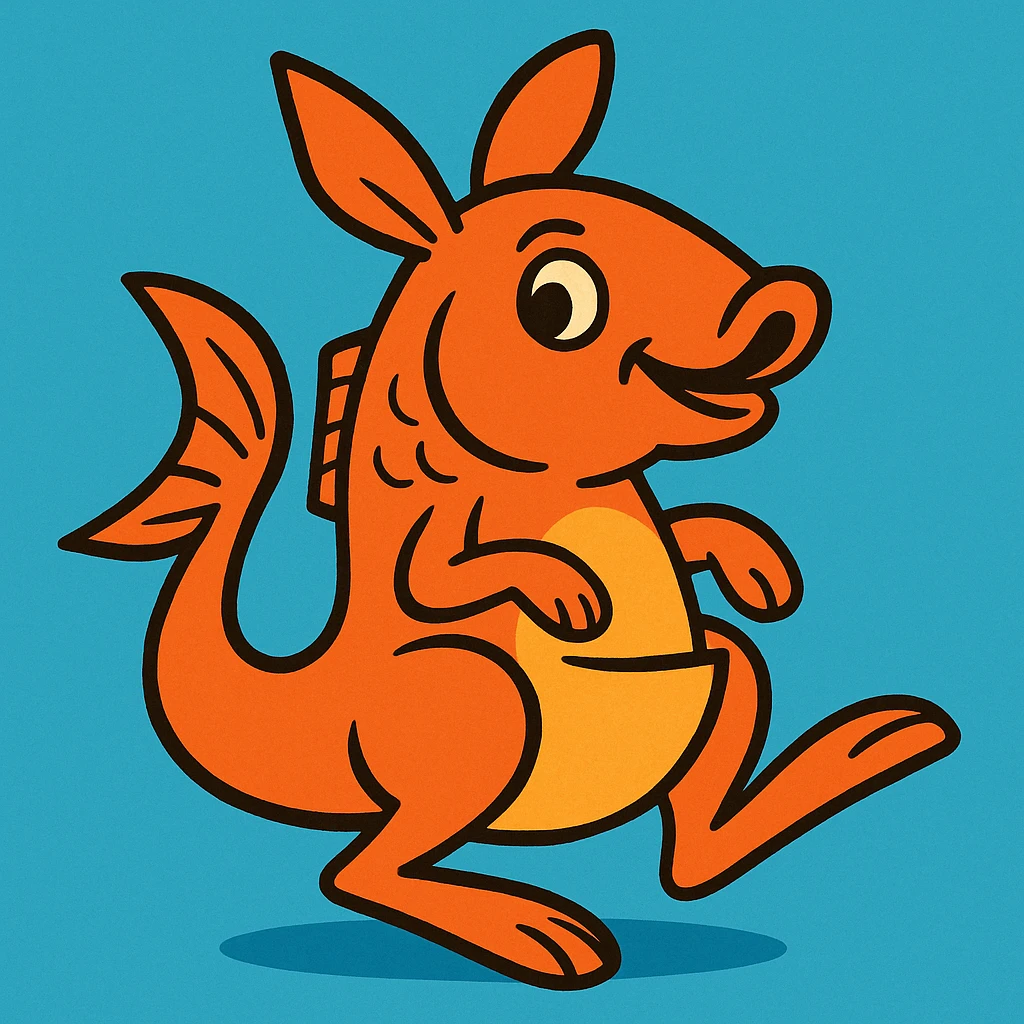 an orange fish with kangaroo features, playful, cartoon style emoji