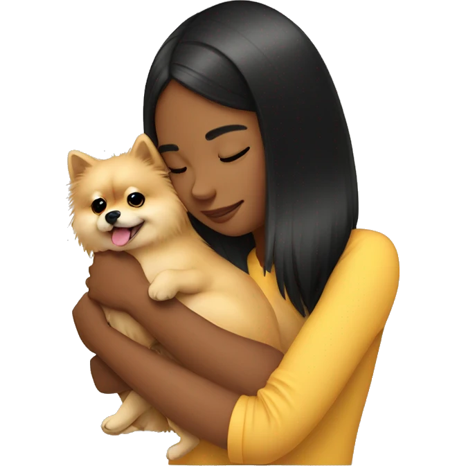 Girl hugging pomeranian. The girl has black hair. emoji