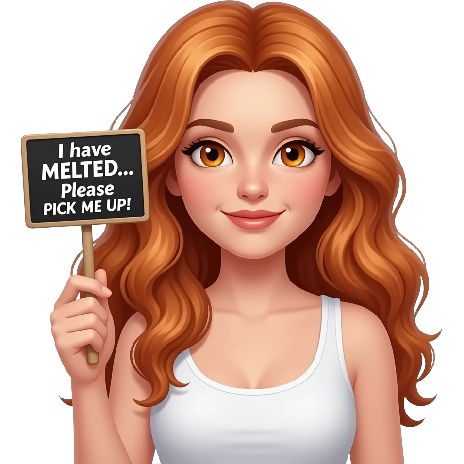 sexy girl with long wavy ginger hair and ginger eyes wearing a white tanktop is holding a black colored sign with I have MELTED... Please PICK ME UP! written on it emoji