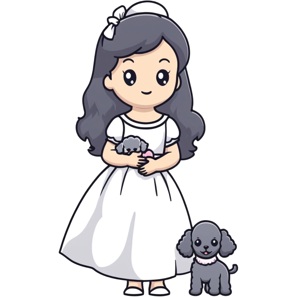 beautiful girl with long black hair in a white dress holding a small gray poodle emoji