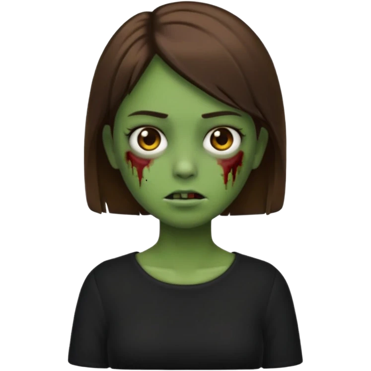 Zombie girl emoji verde um pouco escuro com cabelo curto liso castanho no ombro com uma blusa preta emoji