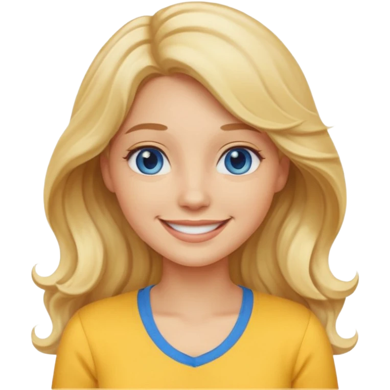 Create a custom emoji-style character inspired by a smiling woman with long, wavy blonde hair, light skin tone, and blue eyes. Emphasize a friendly, approachable expression with a bright smile and soft features. emoji