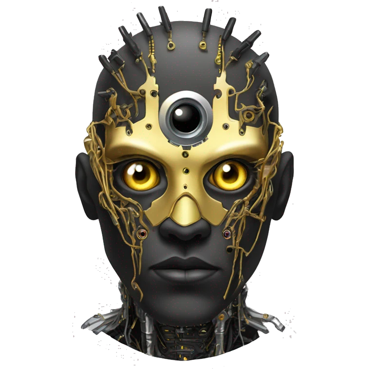 black metal male cyborg head with artificial eyeball, circuitry and wispy yellow gold hair emoji