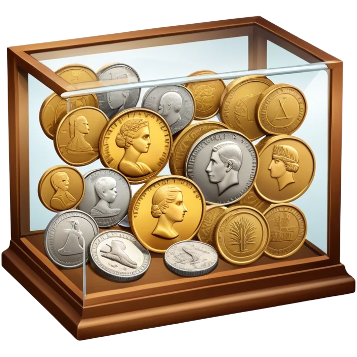 Icon for Coin Collecting: a collection of different vintage and modern coins of various forms and size, neatly arranged in a display case or on a table. The icon should highlight the diversity and historical value of coin collecting. Transparent background. emoji