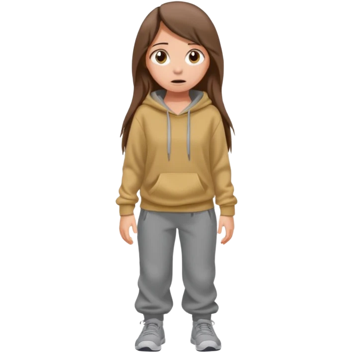 Chica grande  asustada de cuerpo completo mirado a la izquierda con pelo castaño largo y piel blanca  pantalones baggy  grises y hoodie gris  emoji