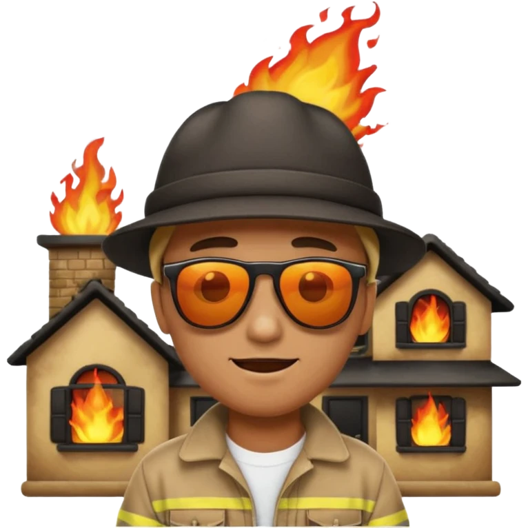 a man standing with a house on fire behind him, apple style emoji emoji