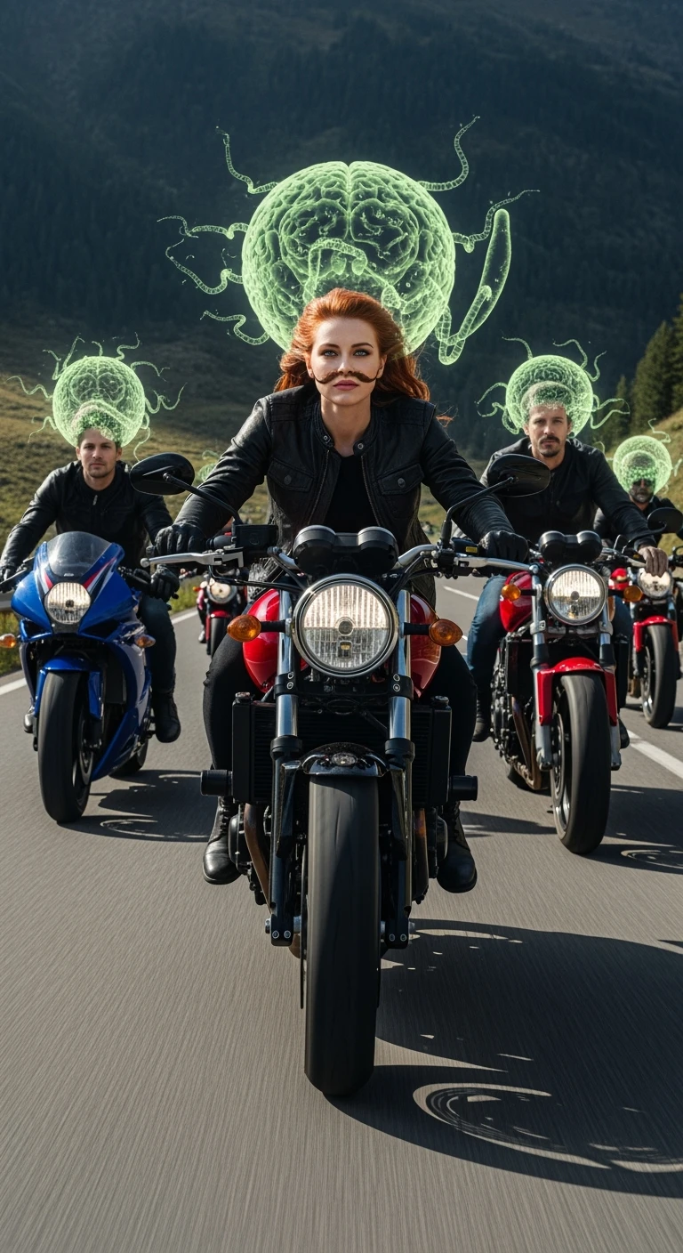 A group of motorcyclists riding aggressively along a winding mountain road at high speed. Their expressions are eerily calm and fearless. Faint, translucent parasite-like forms (symbolizing Toxoplasma gondii) overlay their heads or brains, emitting a subtle glow. emoji