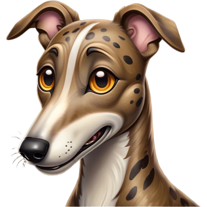Cinematic Comical Brindle Greyhound Portrait Emoji, Head tilted dramatically with an exaggeratedly amused expression, featuring a striking brindle Fur with bold patterns, wide, expressive eyes filled with playful disbelief, Simplified yet hilariously expressive features, highly detailed, glowing with a slightly sassy glow, high shine, dramatic yet playful, stylized with an air of cheeky mischief, bright and endearing, soft glowing outline, capturing the essence of a spirited and over-the-top racer, so meme-worthy it feels like it could side-eye its way into internet fame instantly! emoji