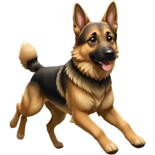 A German Shepherd running through a forest trail, showing strength and motion. Sunlight filtering through trees, dynamic action shot, detailed fur texture. emoji