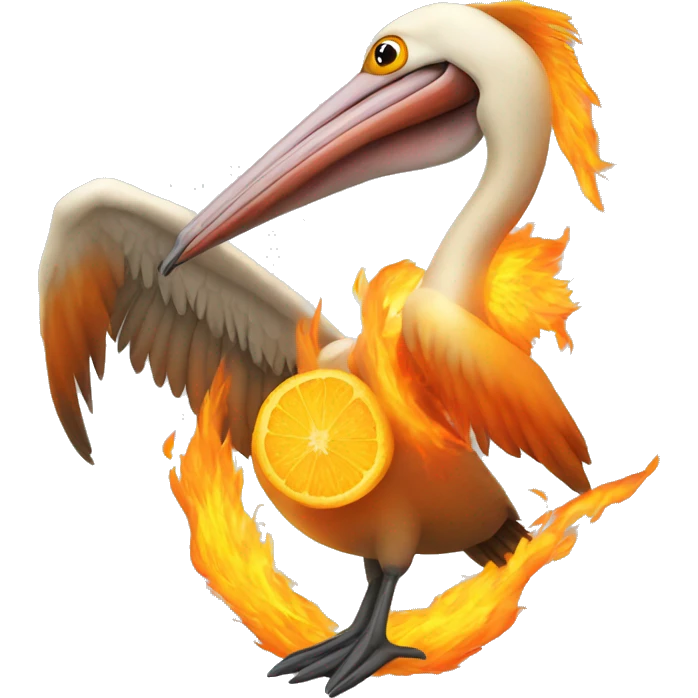Pelican with orange wings and fire emoji