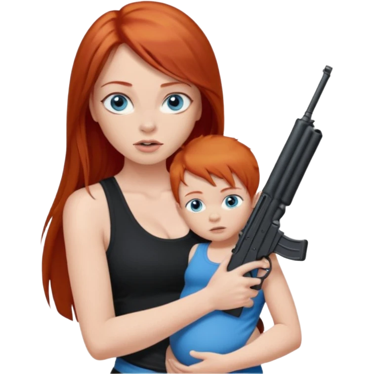 A red head with long straight hair, she has blue eyes with big boobs. She’s wearing a black tank top and holding a gun up in one hand and a baby boy with blue eyes sucking on one of her boobs in the other arm emoji