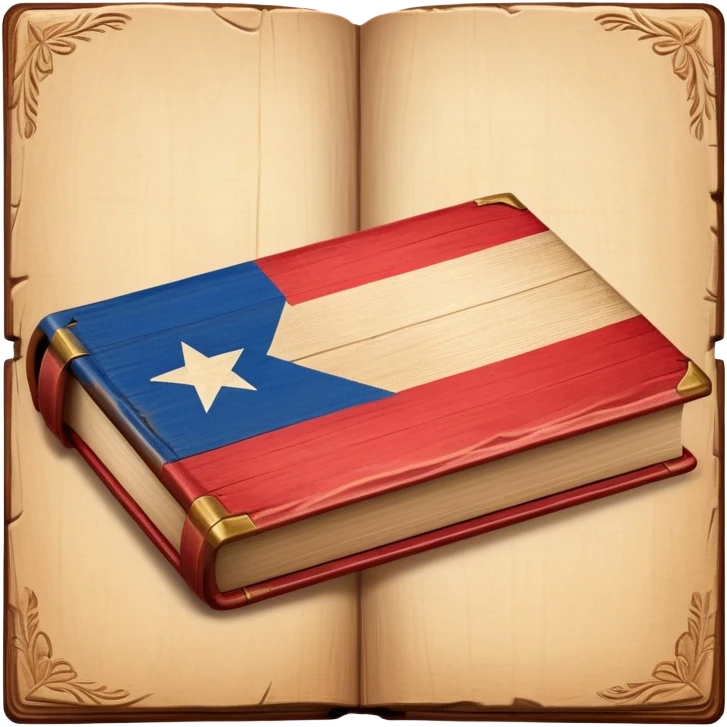 Elegant aged book with the Puerto Rican flag subtly embossed on the cover, carved wooden theater stage symbol, vintage textured cover with warm wood and parchment tones, slightly glowing, representing the eternal legacy of scenic design emoji