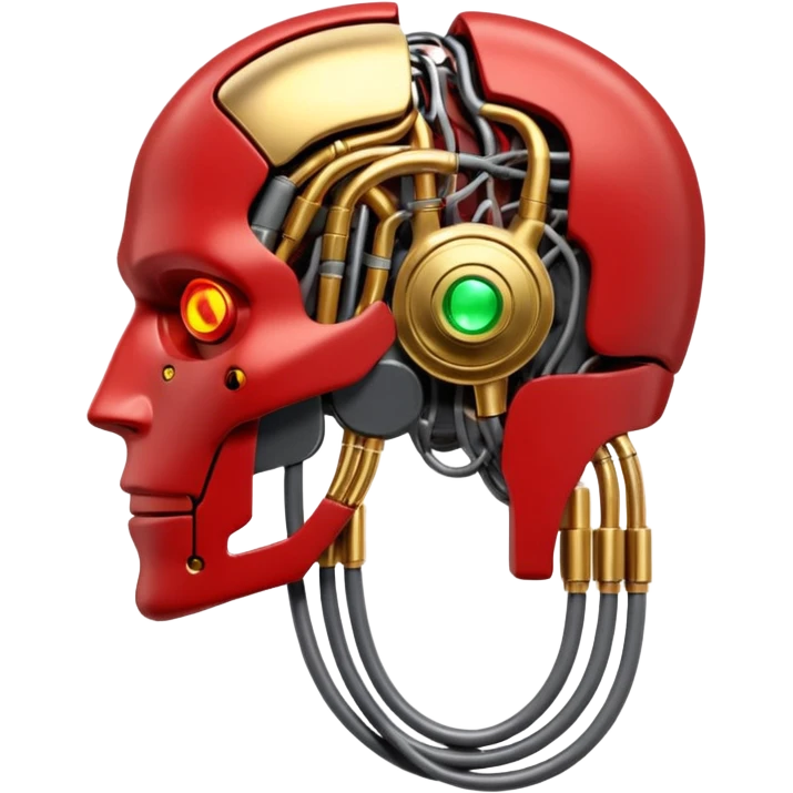 3D render of Neural Link, futuristic cyborg aesthetic, fusion of organic skin and chrome metal, gold brass valves mixed with red muscle tissue, exposed wiring, emoji style, isolated on white background --v 6.0. emoji