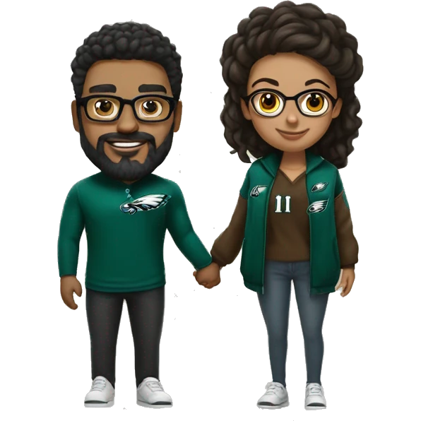 Brown guy with beard mustache and brown girl with glasses and her hair in a bun in Philadelphia eagles clothes holding hands emoji