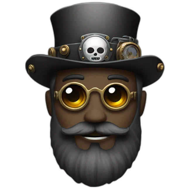 Black&white eyed man with beard wearing steampunk hat with skull emoji