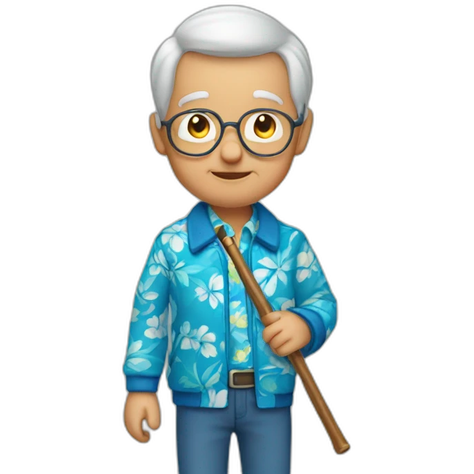 old man child holding cane wearing blue Hawaiian shirt and jacket emoji