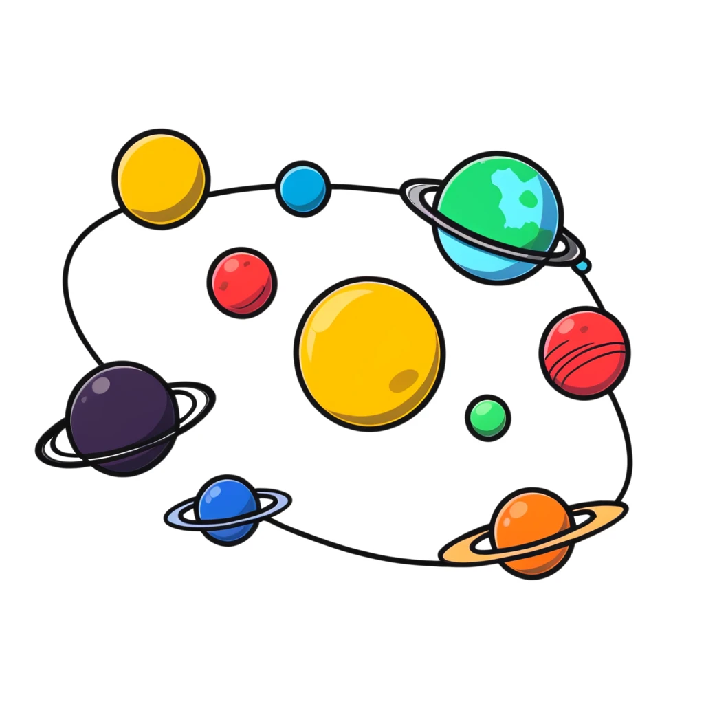 Solar system with planets in the shape of hearts orbiting around a sun, cute colorful heart planets emoji