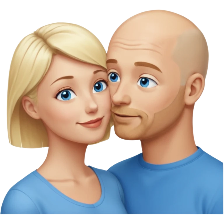 middle aged bald man with salt and blonde scruff, blue eyes and short haired blonde woman with blue eyes kissing each other emoji
