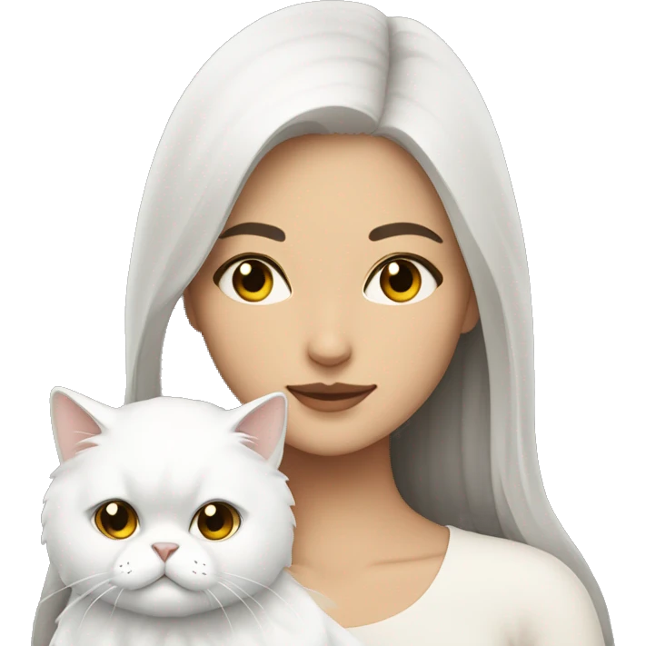 Brunette woman snuggling white Persian cat emoji