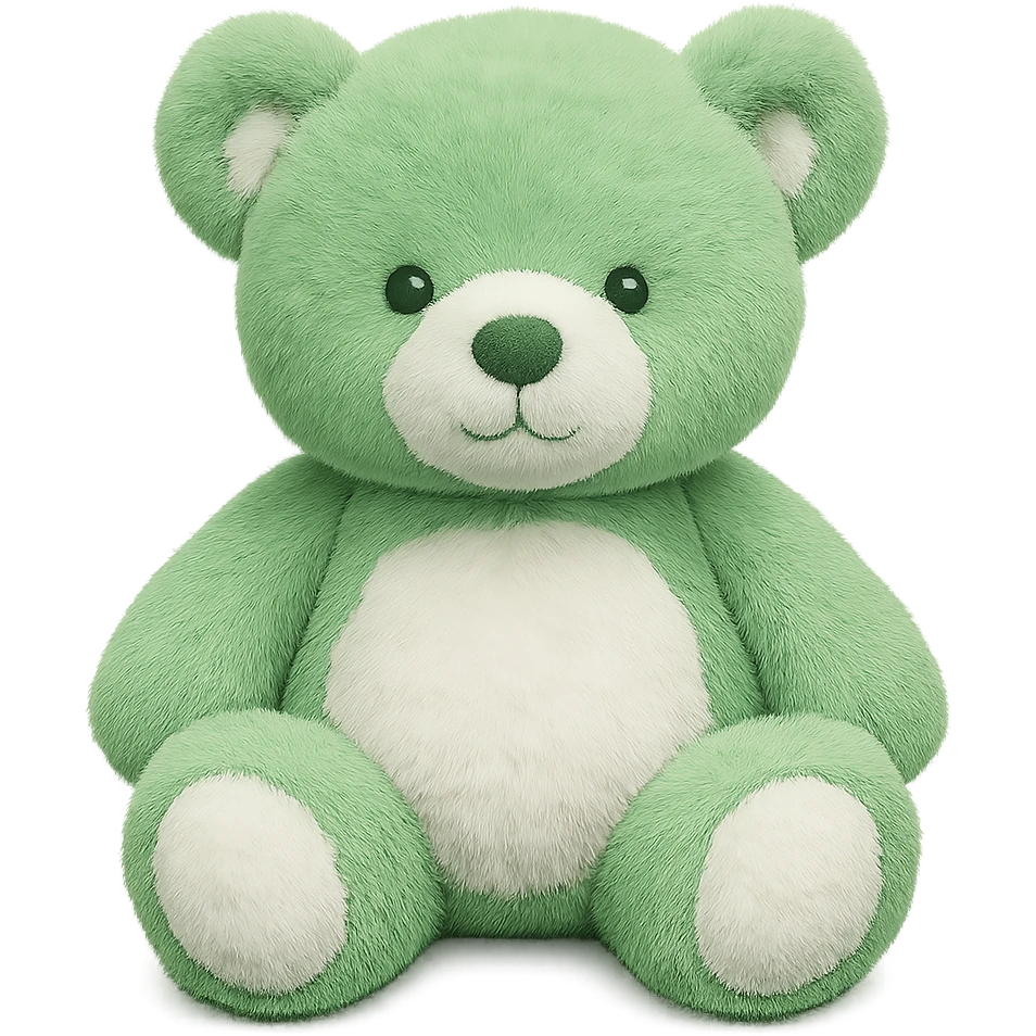 Change the teddy bear's fur to green and white, keep it soft and plush, no shadows, flat lighting, no background. The style should maintain the original look of the teddy bear in the image. emoji