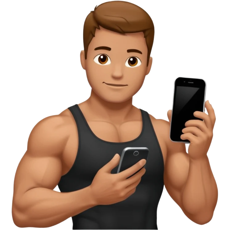 Mec musclé avec un téléphone dans les mains qui navigue sur so téléphone qui sourit emoji