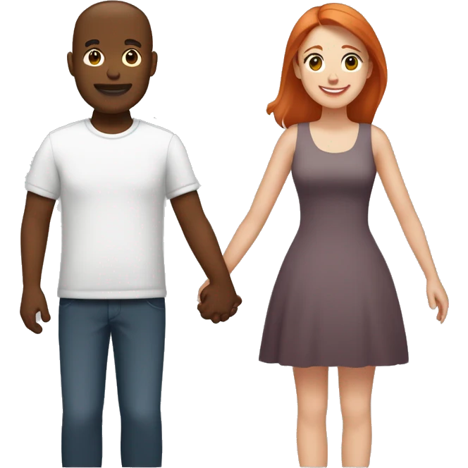 Emoji of a light-skinned red-haired woman and a medium-to-dark brown-skinned man holding hands. Both are smiling with minimalistic, emoji-style features from shoulders up, conveying a friendly, supportive bond. emoji