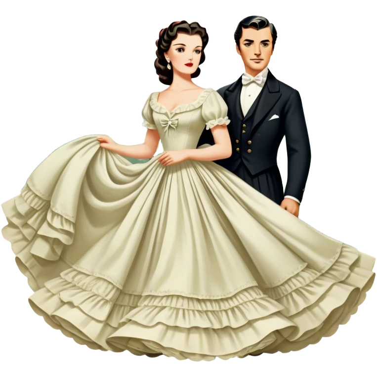 Icon for Romance Movie: A vintage movie poster-style design inspired by Gone with the Wind. Include romantic, sweeping imagery like Scarlett O'Hara in a flowing dress, Rhett Butler, a plantation backdrop, and fluttering wind-blown fabric. Soft, nostalgic cinematic feel. Transparent background. emoji