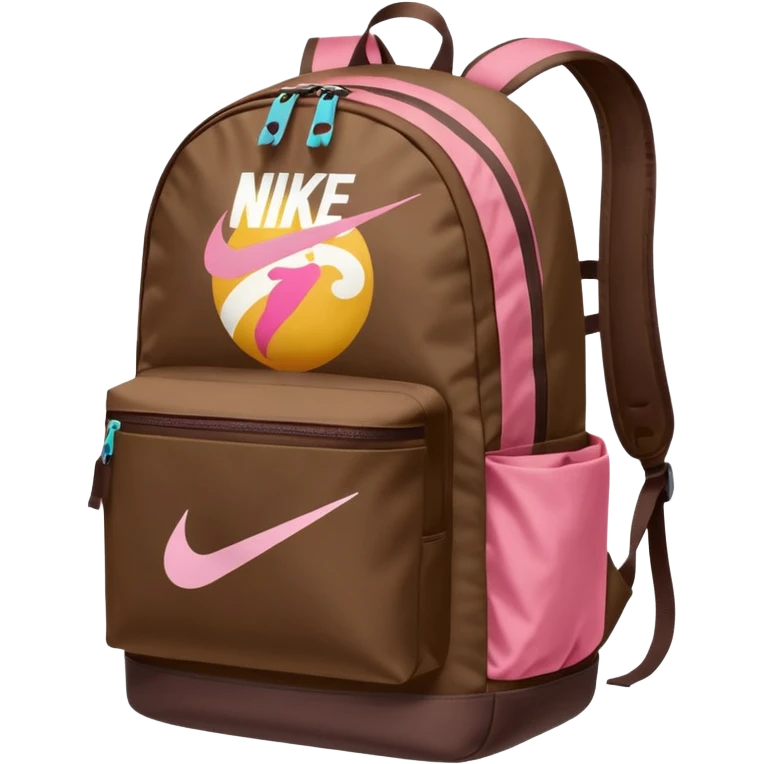 Brown back pack with a pink Nike logo emoji