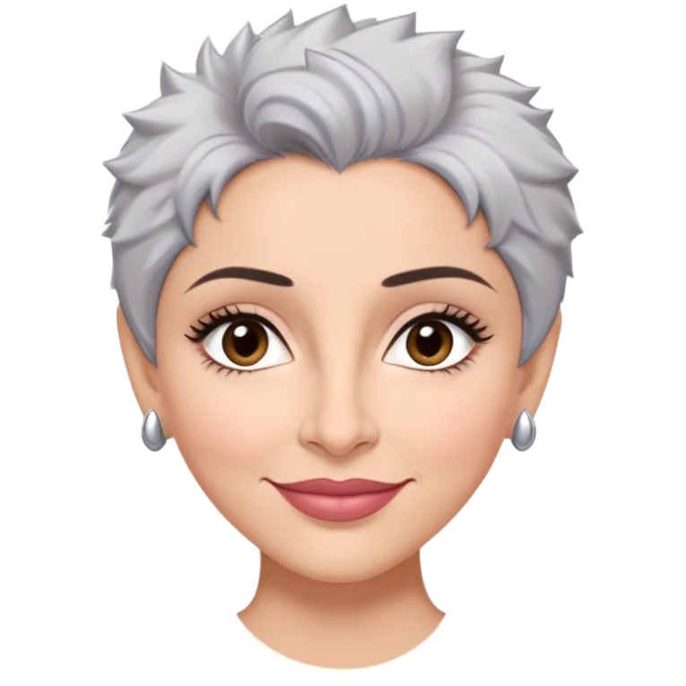 Puerto Rican actress Marian Pabón with elongated face, light pinkish skin, almond-shaped expressive eyes, straight nose, well-defined lips with wide smile, arched eyebrows, pronounced cheekbones, short spiky gray hair like a man's cut emoji