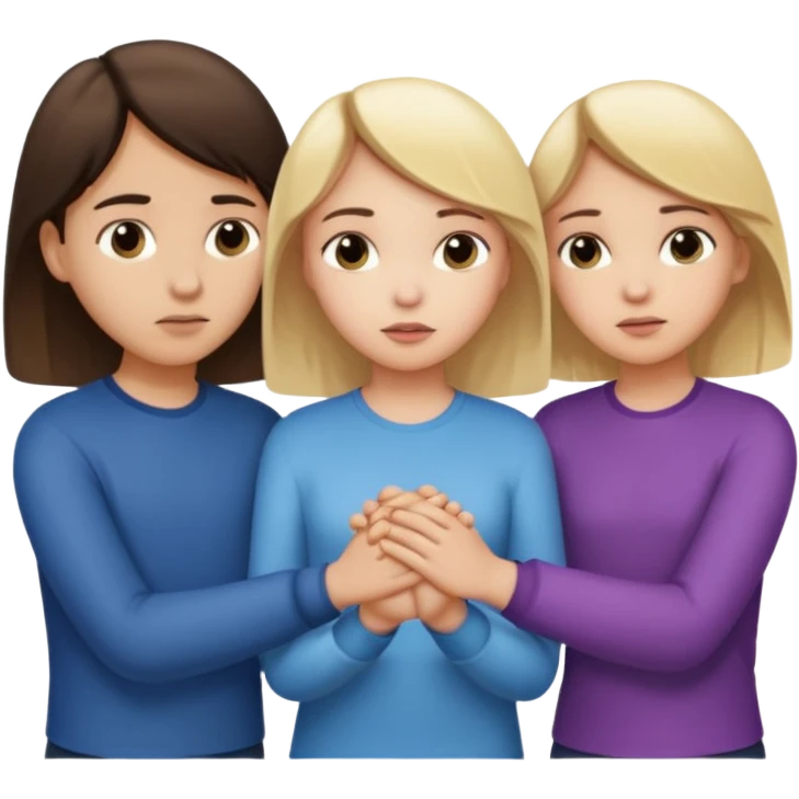  iOS emoji style.
A girl holding hands with two boys at the same time,one boy si brunette the other blonde, one on each side. the brunette one is kised by the girl but the blonde one si holding hand with her
The girl has a suspicious, guilty expression
 smooth gradients, rounded shape emoji