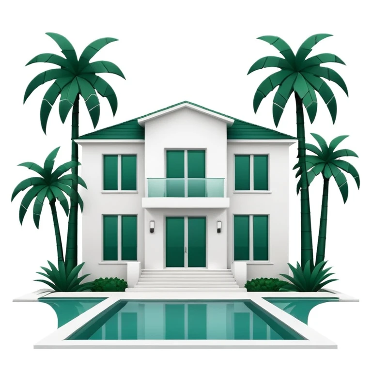 white luxury villa with dark green palm trees, minimalism, no emojis or faces, white background emoji