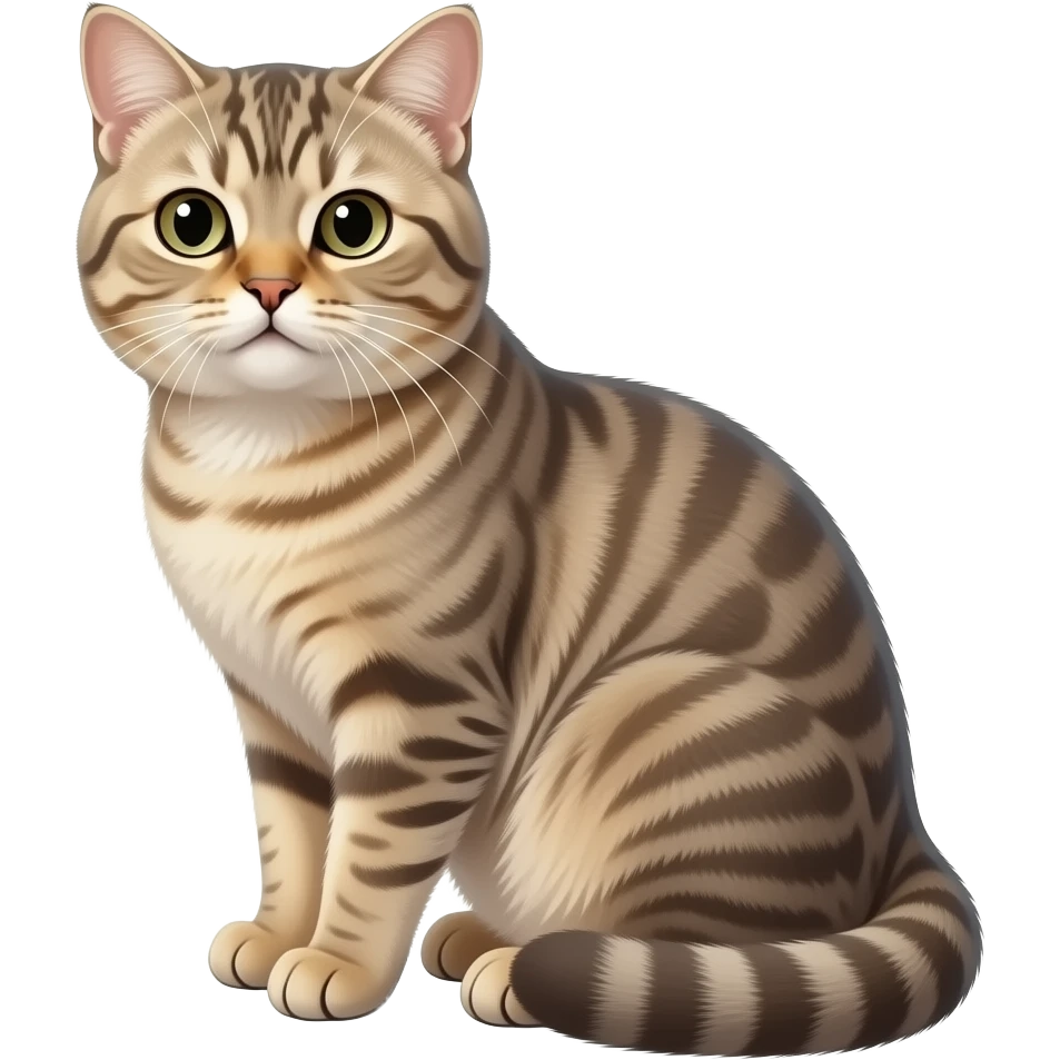 Realistic beautiful pretty straight-sitting cute Scottish Fold cat, with folded ears, back facing to the left, facing the viewer emoji