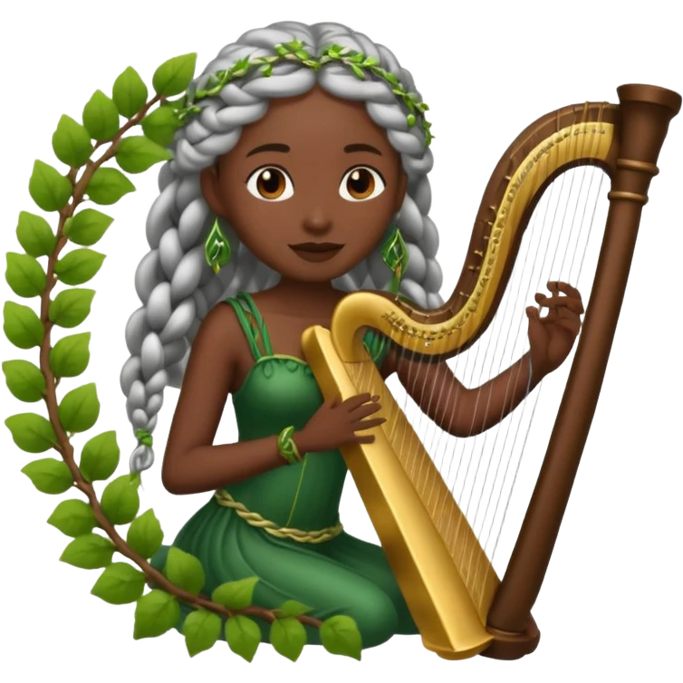 forest emoji character, dark skin woman with silver braids playing harp made of vines emoji