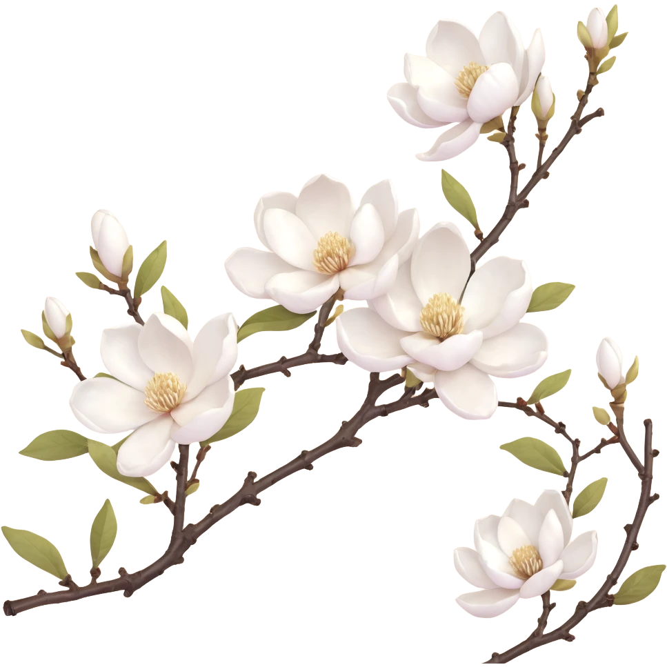 Traditional Japanese Magnolia kobus (kobushi) blossom with sumi-e brush stroke style, delicate white flowers on bare branch, zen aesthetic with subtle ink wash background emoji